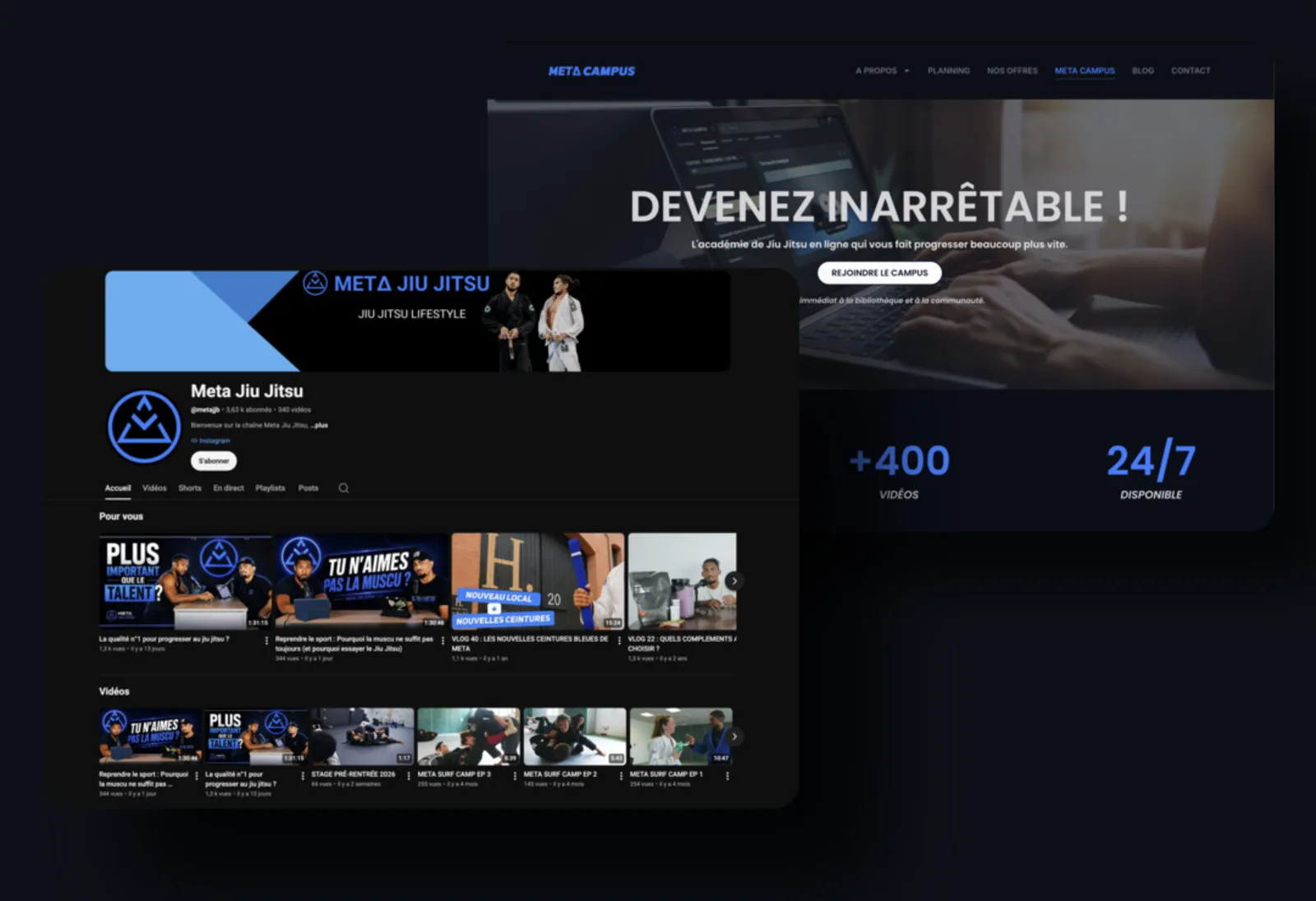 La chaîne YouTube de Meta Jiu Jitsu et la page de Meta Campus, deux productions maison du club