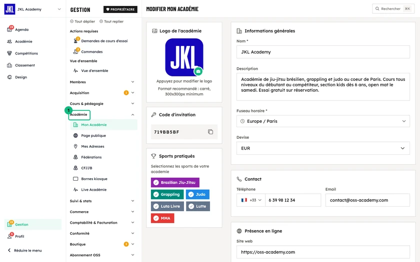 Le formulaire de profil de l'académie : logo, code d'invitation, sports pratiqués, informations générales et contact