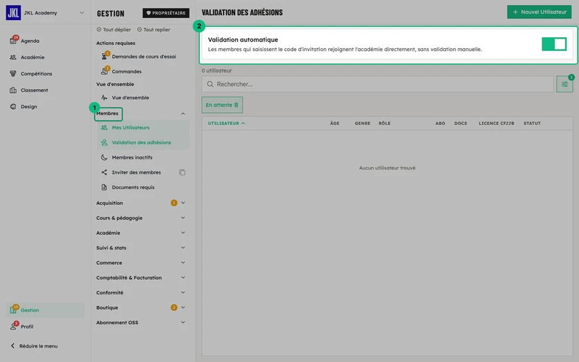 Le réglage Validation automatique, en haut de l'écran de validation des adhésions