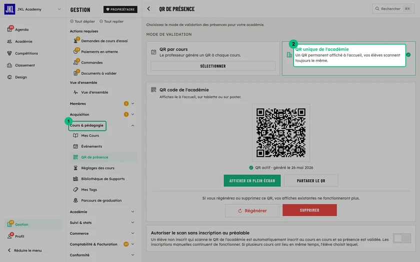 L'écran QR de présence, avec les deux cartes de mode : QR code par cours et QR code unique de l'académie