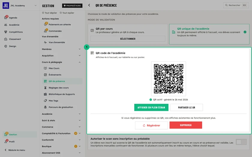 La carte QR code de l'académie, avec le QR code généré, sa date de génération et les boutons Afficher en plein écran et Partager le QR code