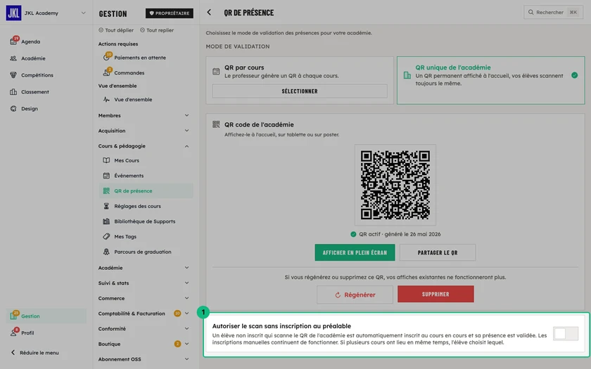 L'interrupteur Autoriser le scan sans inscription au préalable, sous la carte du QR code de l'académie