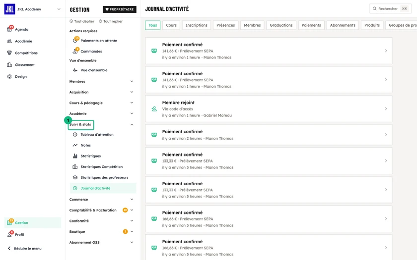 Le journal d'activité, avec les filtres par catégorie et la liste des actions récentes datées