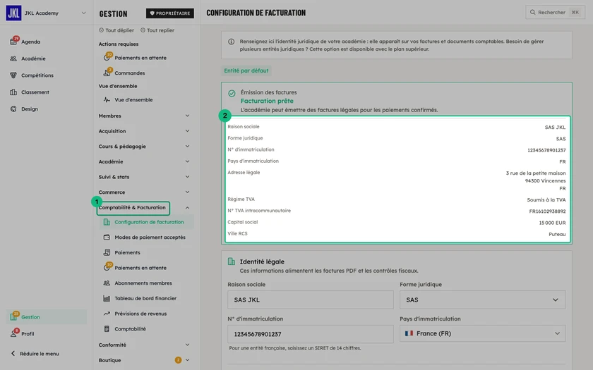 Le bloc Émission des factures avec le statut Facturation prête et le résumé de l'identité légale, au-dessus du formulaire Identité légale