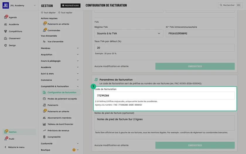 Le bloc Paramètres de facturation, avec le code de facturation, l'aperçu du numéro et les notes de pied de facture