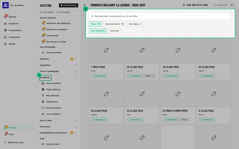 L'écran de sélection des produits incluant la licence, avec la recherche et les filtres Tous, Abonnements, Boutique, Non déclarés et Archivés