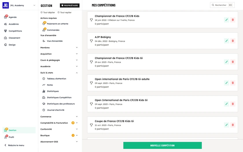 L'écran Mes Compétitions, avec le bouton Nouvelle Compétition et la liste des compétitions créées par l'académie
