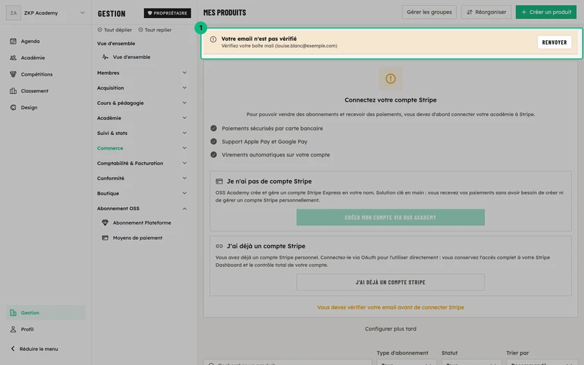 Le bandeau Votre email n'est pas vérifié en haut de la page des produits, avec le bouton Renvoyer