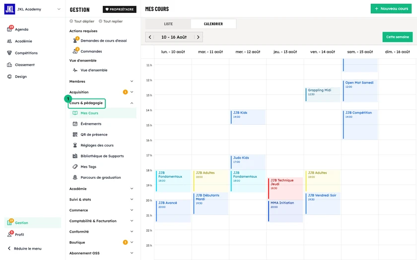 La vue calendrier de la semaine, chaque cours affiché sur son créneau