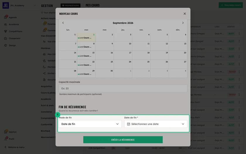 Le bloc Fin de récurrence, avec le mode de fin et la date de fin
