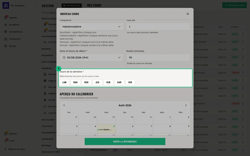 La section Jours de la semaine, les boutons Lun à Dim et l'aperçu du calendrier avec les prochaines occurrences