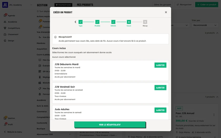 L'étape Cours inclus, avec la liste des cours récurrents et le compteur de cours sélectionnés