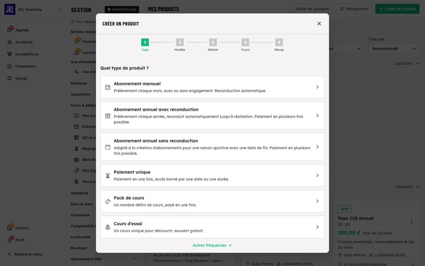 La première étape de l'assistant, avec les cartes de types : mensuel, annuel avec reconduction, annuel sans reconduction, paiement unique, pack de cours et cours d'essai