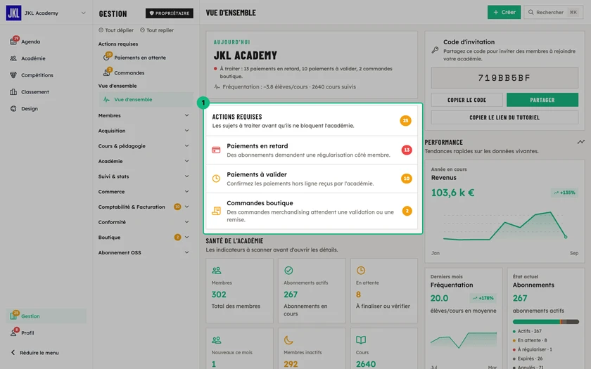 Le bloc Actions requises, avec les validations, paiements et documents en attente