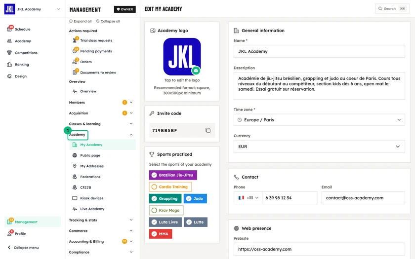 The academy profile form: logo, invite code, sports practiced, general information and contact details