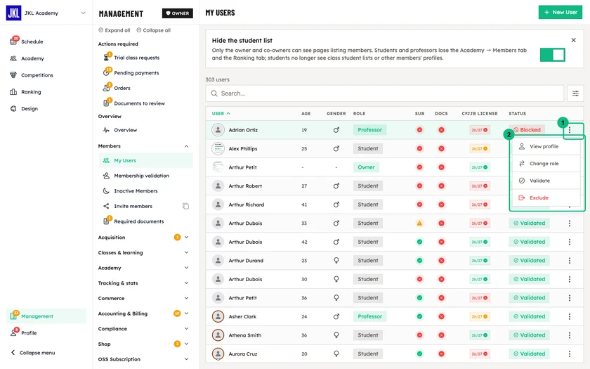 The menu opened at the end of a member row, with the options View profile, Change role, Approve and Exclude