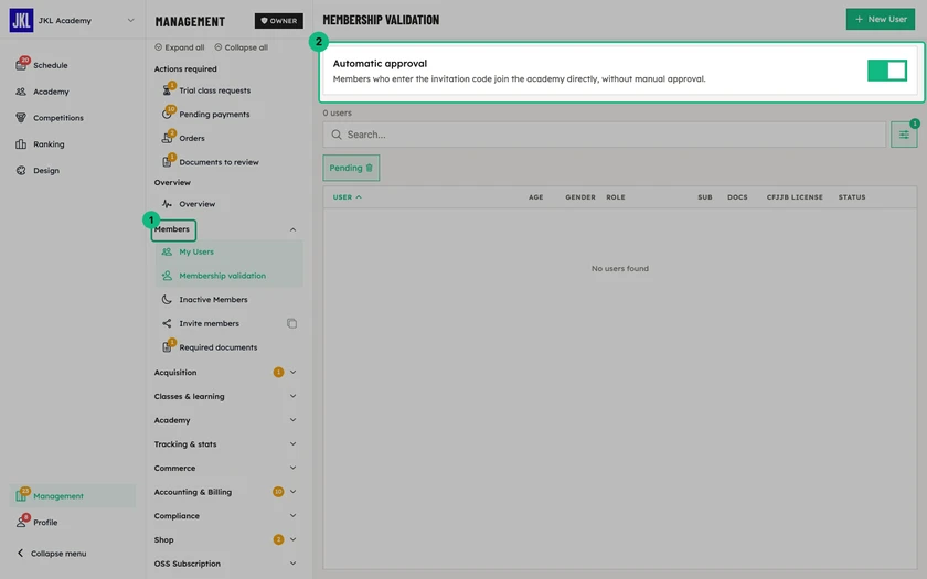 The Automatic approval setting, at the top of the membership approval screen