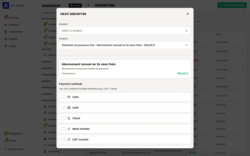 The Create subscription form, with the student picker, the product picker and the total amount