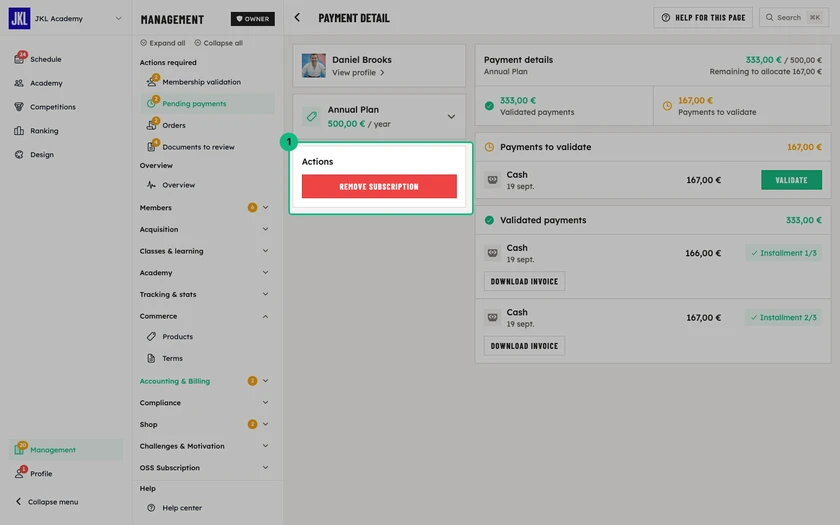 An enrollment's details: payments to validate and validated payments with their Download invoice button, and the Actions block with Remove subscription