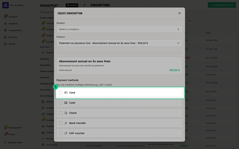 The Payment methods section of the form: the product's total amount and the list of methods to tick