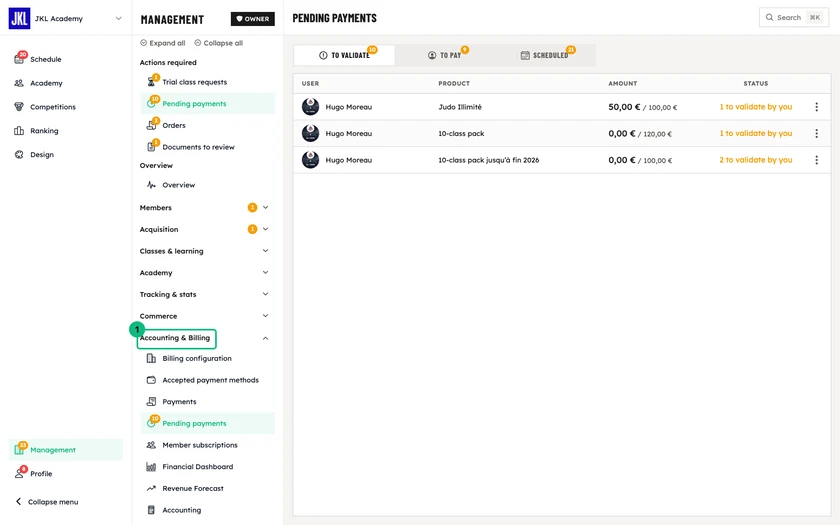 The To validate tab of pending payments: for each row the student, the product, the amount already collected out of the total and the status to validate by you