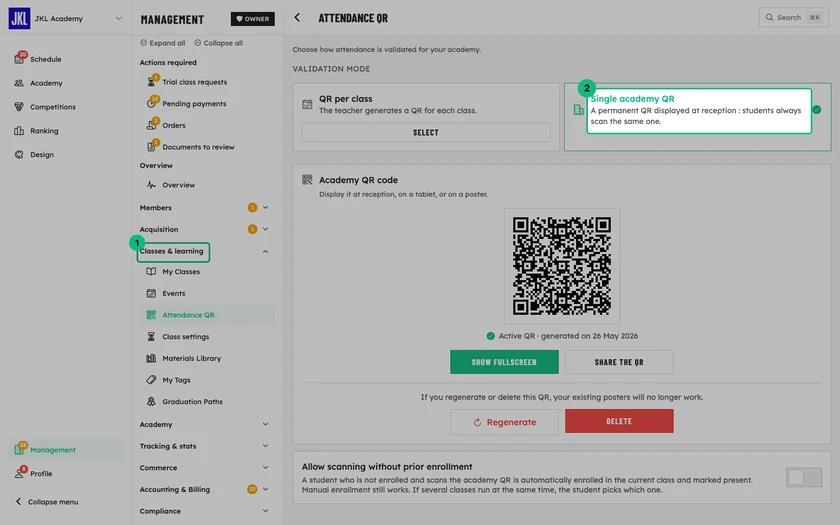 The attendance QR screen, with the two mode cards: QR code per class and single academy QR code