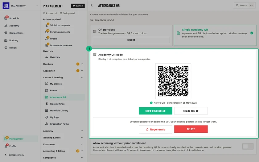 The academy QR code card, with the generated QR code, its generation date and the buttons Show fullscreen and Share the QR
