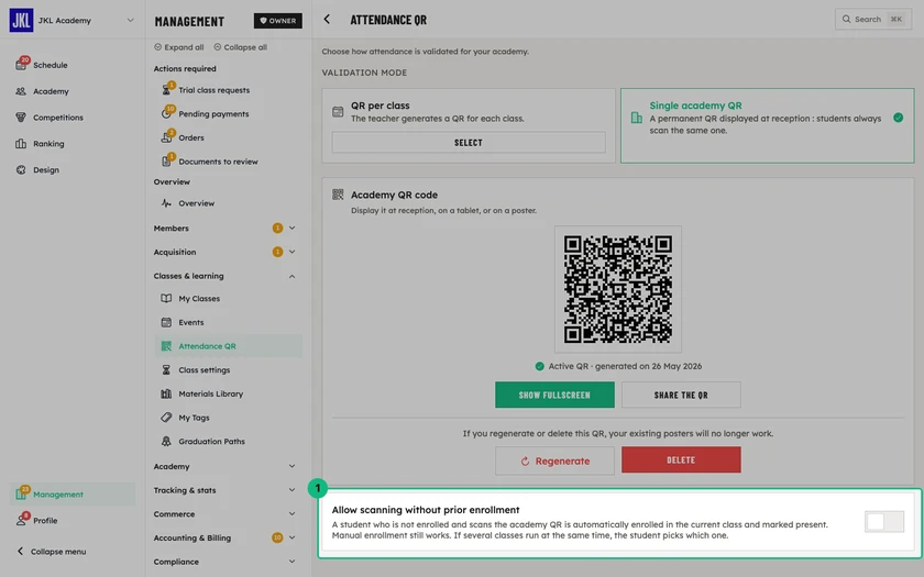 The switch Allow scanning without prior enrollment, below the academy QR code card