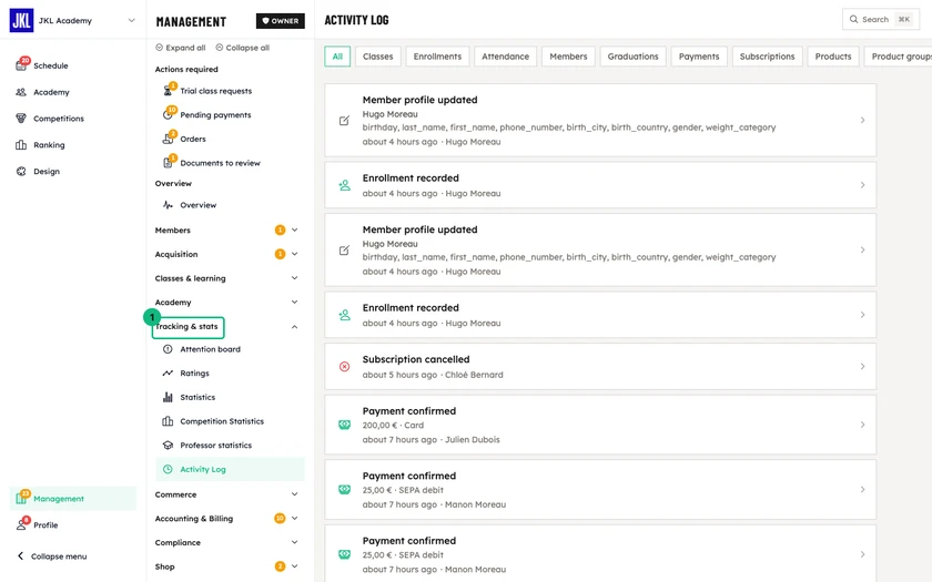 The activity log, with the category filters and the list of recent dated actions