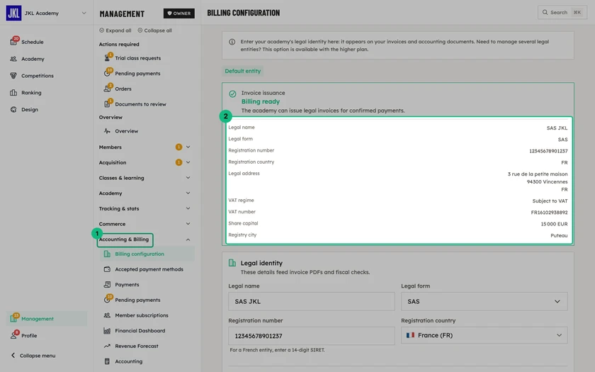 The Invoice issuance block with the Billing ready status and the legal identity summary, above the Legal identity form