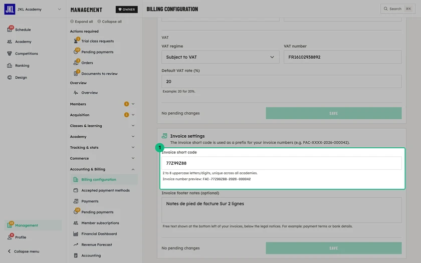 The Invoice settings block, with the invoice short code, the invoice number preview and the invoice footer notes