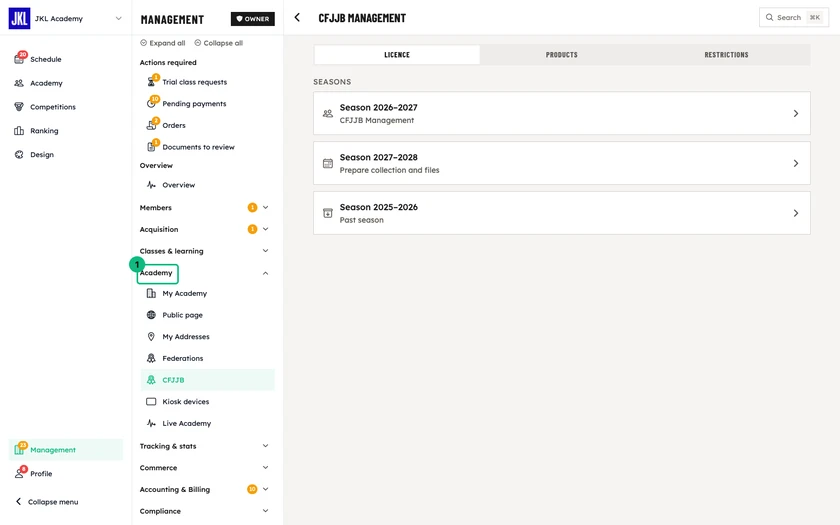 The CFJJB management screen, with the Licence, Products and Restrictions tabs and the season list