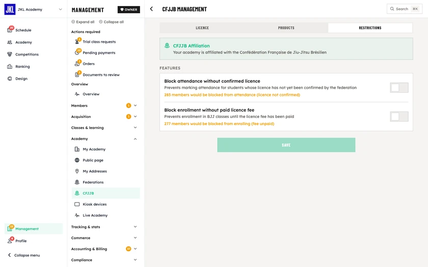 The Restrictions tab of CFJJB management, with the two blocking switches and the number of affected students