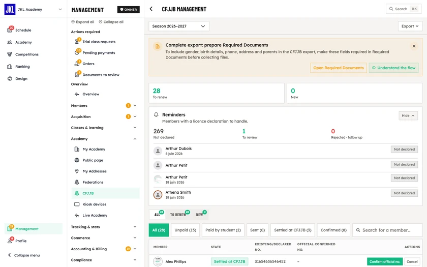 The CFJJB season screen: the To renew and New counters, the Reminders block, the state filters (All, Unpaid, Paid by student, Sent, Settled at CFJJB, Confirmed) and the start of the member table with state and actions