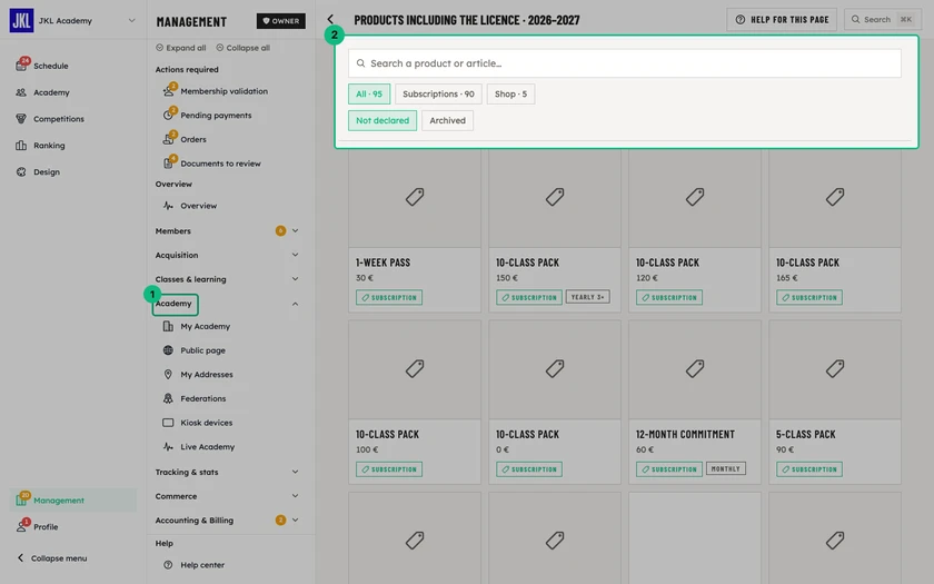 The selection screen for products including the licence, with search and the All, Subscriptions, Shop, Not declared and Archived filters