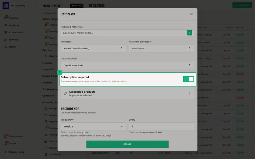 The class form, with the Subscription required switch outlined and its hint "Students must have an active subscription to join this class"