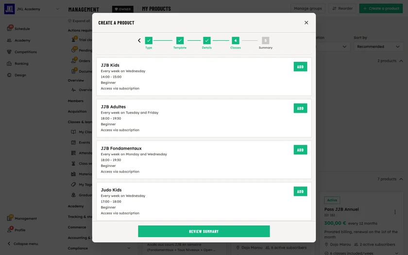 The Classes step of the product form, with the class list and an Add button on each one