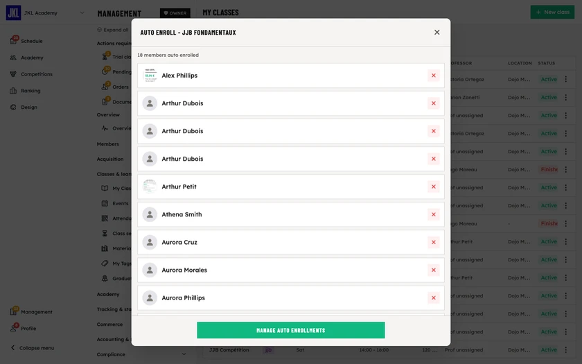 The Auto enroll screen of a class, opened from Manage enrollments: the list of automatically enrolled members, a cross to remove one, and the Manage auto enrollments button to add some