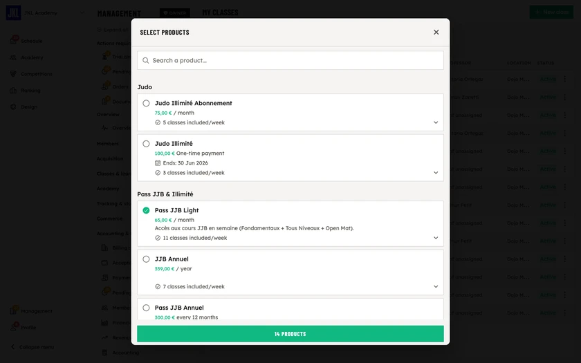 The product picker, opened from the class form, with the selected products ticked