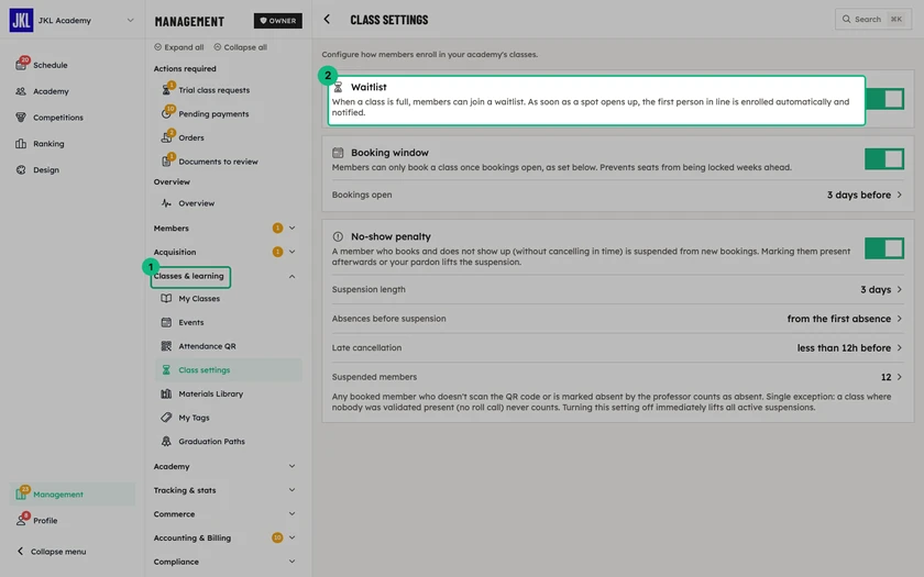 The Class settings screen, with the Waitlist switch outlined