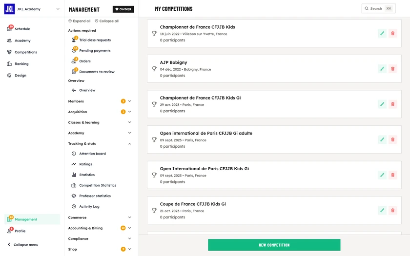 The My Competitions screen, with the New Competition button and the list of competitions created by the academy