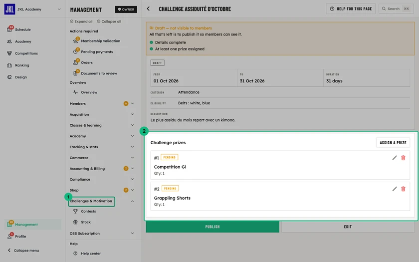 A draft contest page, with the Challenge prizes section, the Assign a prize button and the Publish and Edit buttons highlighted