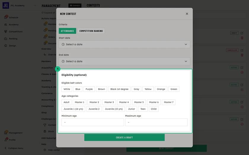 The New contest form, with the Attendance or Competition ranking criteria choice and the Eligibility section highlighted