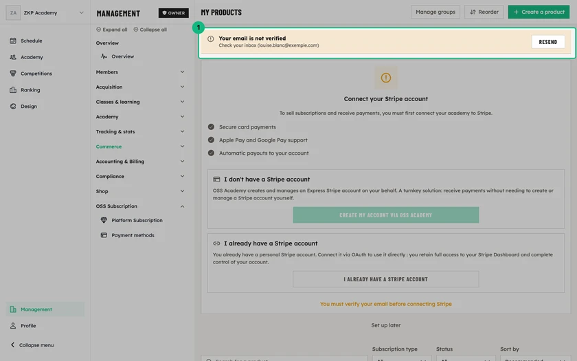 The Your email is not verified banner at the top of the products page, with the Resend button