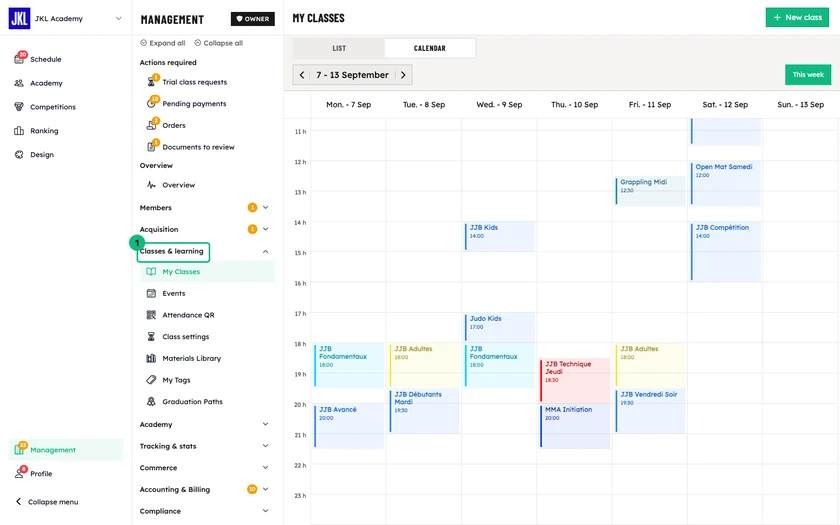 The week calendar view, every class shown on its slot