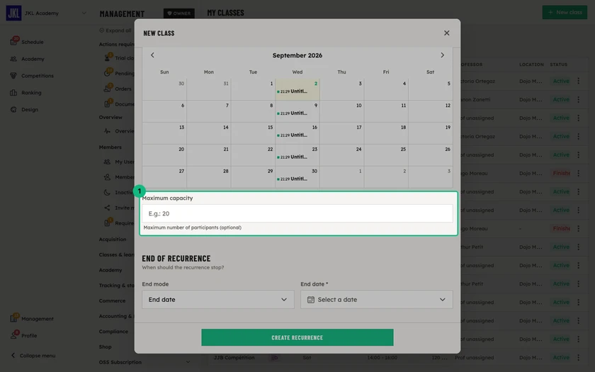The Maximum capacity field, with its hint "Maximum number of participants"