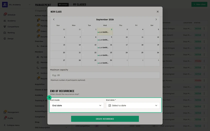 The End of recurrence block, with the end mode and the end date