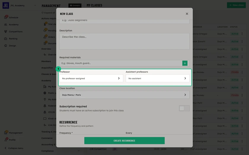 The Professor, Assistant professors and Class location fields, in the middle of the form