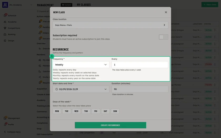 The Recurrence block of the form: frequency, interval, start date and time, duration in minutes