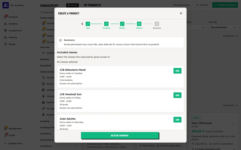 The Included classes step, with the list of recurring classes and the count of selected classes
